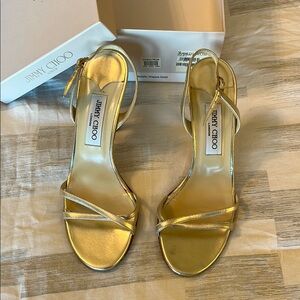 Jimmy Choo Jag Metallic Napa Gold Heels Sandals Size EU 39.5
